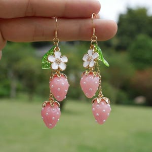 Pink Strawberry Earrings Cute Fruit Earrings Fun Food Earrings Dangle Drop Hypoallergenic Earrings  Gift For Her Birthday Gift Christmas