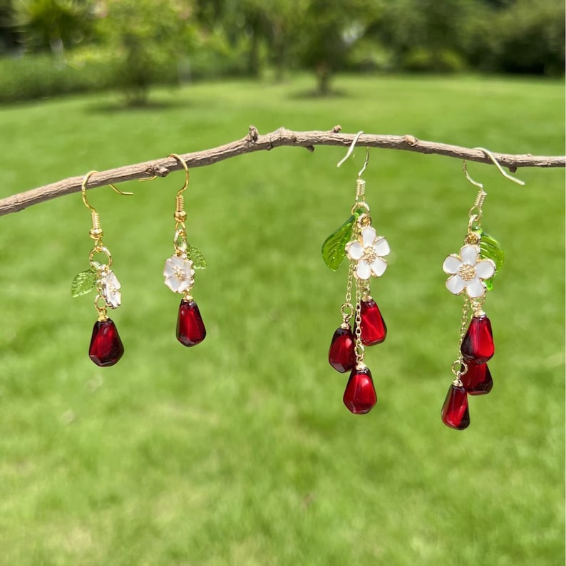 Pomegranate Seed Earrings Fruit Earrings Food Earrings Dangle Drop Earrings Cute Kawaii Earrings Gift For Her Birthday Gift Handmade Jewelry image 3