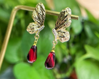Butterfly Pomegranate Seed Earrings Fruit Earrings Food Earrings Jewelry Handmade Gift For Her Christmas Earrings Dangle & Drop Earrings