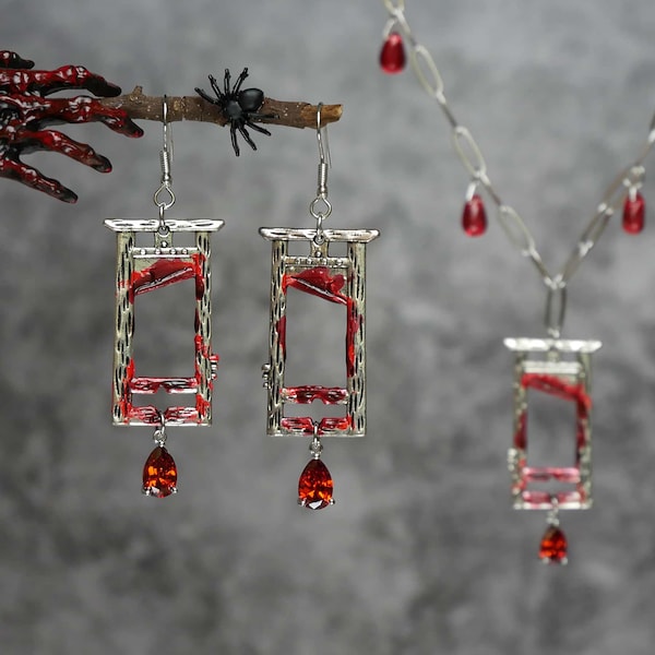 Pendientes colgantes de guillotina, collar de guillotina, pendientes góticos pastel, pendientes de Halloween, collar de Halloween, conjunto de joyas de Halloween, regalo para ella.