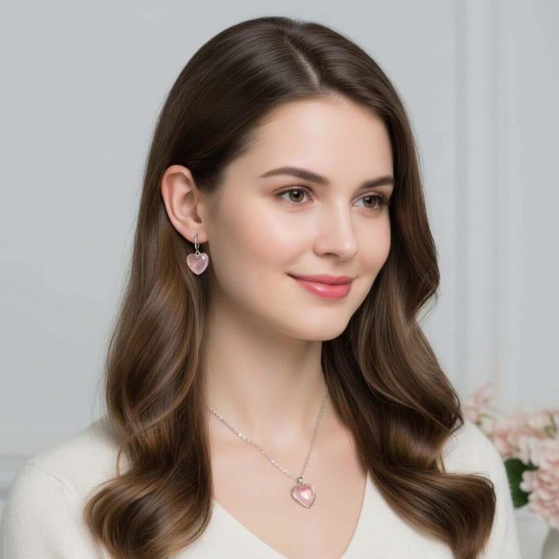 May include: A silver necklace and matching drop earrings set featuring light pink heart-shaped pendants. The necklace has a delicate silver chain with a single heart charm, while the earrings consist of small silver hoops with heart drops.