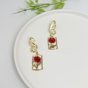 Echte Blume Ohrringe Gepresste Blume baumeln Ohrringe Hochzeit Schmuck Boho Ohrringe Trockenblume Tropfen Ohrringe handgemachtes Geschenk für ihren Schmetterling