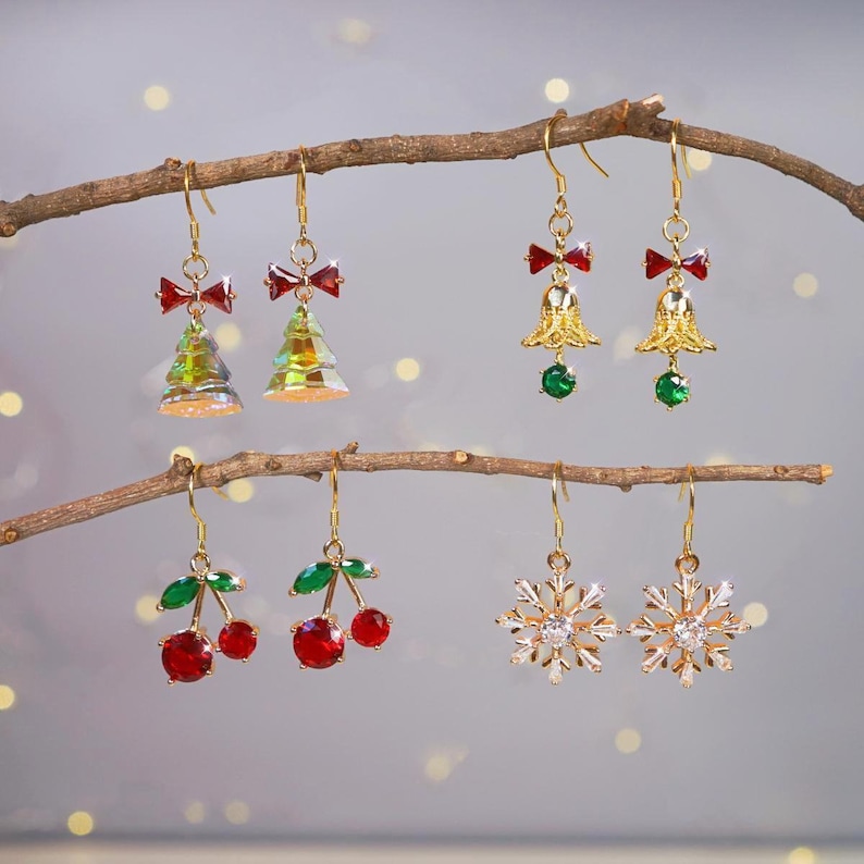 Christmas Earrings Gift Holiday Earrings Christmas Tree Earrings Jingle Bell Earrings Cherry Earrings Snowflake Earrings Dangle Earrings Package C (4 Pairs)