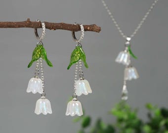 Lily of the Valley Earrings Silver Flower Earrings Hoop Floral Earrings Necklace Wedding Bridal Earrings Gift For Her Bridesmaids Gift