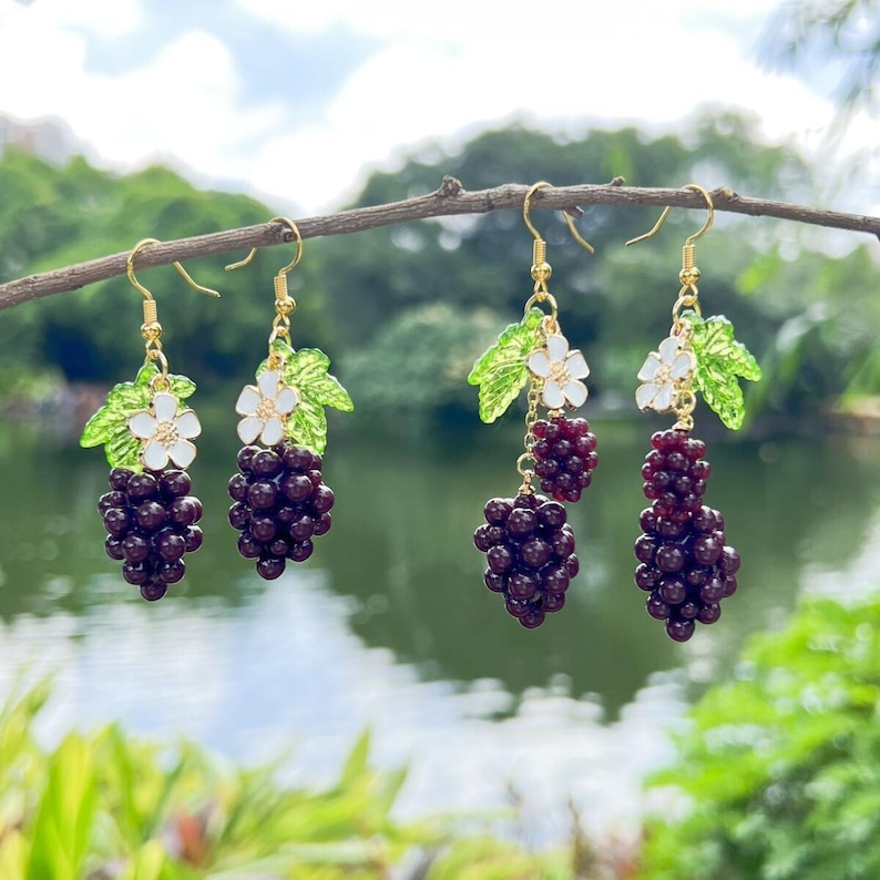 Grape Earrings Food Dangle Earrings Cute Kawaii Drop Earrings Jewelry Gift For Women Handmade Fruit Earrings Birthday Gift Daughter Earrings image 1