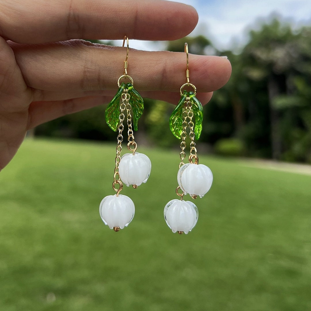 Lily of the Valley Earrings White Flower Dangle Earrings Floral Jewelry
