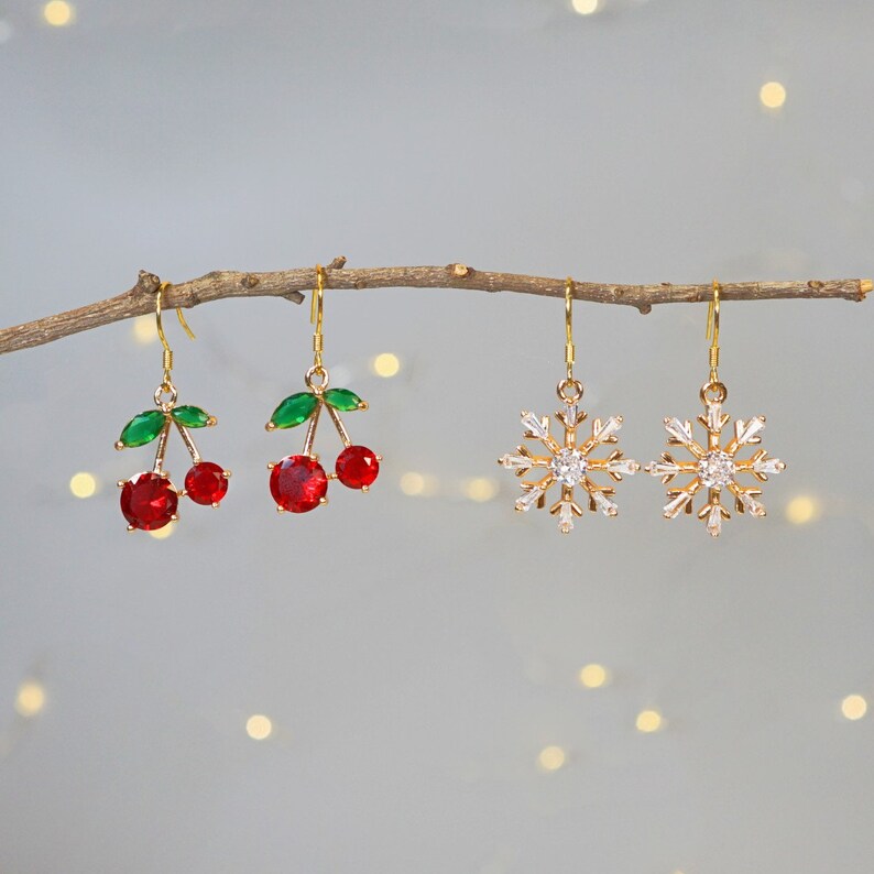 Christmas Earrings Gift Holiday Earrings Christmas Tree Earrings Jingle Bell Earrings Cherry Earrings Snowflake Earrings Dangle Earrings Package A (2 Pairs)