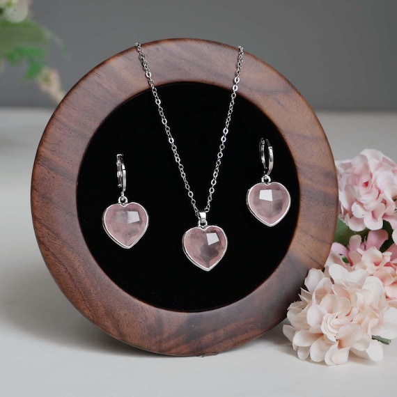 Natural Rose Quartz Heart Earrings, Pink Crystal Heart Pendant Necklace, Heart Gemstone Jewelry Set, Birthday Gift for Her, Valentine's Gift