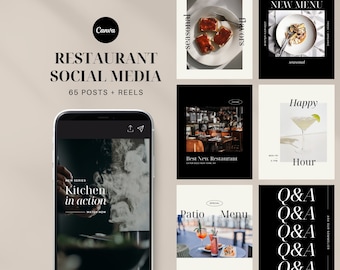 May include: A collection of social media post templates for restaurants. The templates feature images of food, drinks, and the restaurant interior. The text on the templates includes phrases like "New Menu", "Happy Hour", "Kitchen in Action", and "Best New Restaurant".