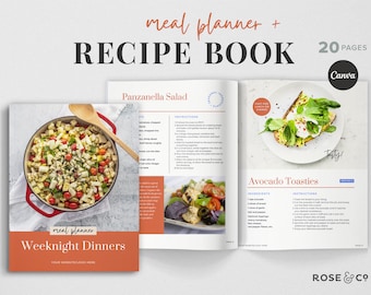 May include: A 20-page printable meal planner and recipe book with a red and orange cover featuring a photo of a panzanella salad. The book includes recipes for weeknight dinners and features a recipe for avocado toast.