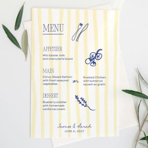 May include: A wedding menu card with a yellow and white striped background. The menu includes appetizers, main courses, and dessert options. The names James & Sarah and the date June 6, 2027 are printed at the bottom. The word MENU is at the top.