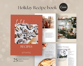 May include: A red cover with the text "holiday recipes" and a photo of gingerbread cookies. The cover is part of a 25 page recipe book with easy-to-edit pages.