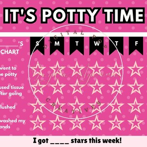 May include: A pink and white potty training chart with a cartoon mouse character. The chart has a calendar with days of the week and a section for tracking potty training progress with stars. The text on the chart says "It's Potty Time" and "I got ____ stars this week!"