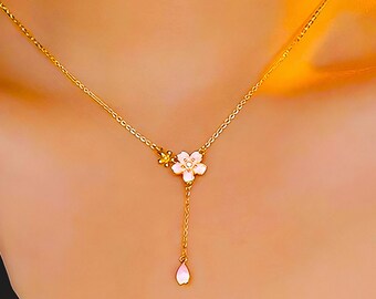 Sakura Flower Japanese Pendant Necklace, Beautiful 925 Sterling Silver Flower Necklace, Pink Cherry Blossom Pendant, Pink Floral Pendant
