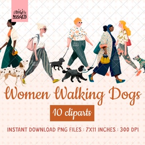 犬を散歩する多様な女性のクリップアート、プラスサイズの女性のクリップアート、カジュアルな都会的なスタイル、人物アート、即時ダウンロード、商用利用、PNG ファイル