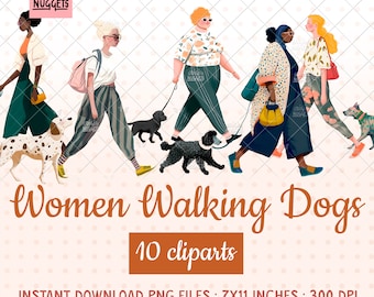 Women Walking Dogs Clipart: Urban Style PNG Files (Commercial Use)