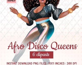 Disco Queens Clipart: Afro Plus Size Women, 70s Retro Style (PNG, Instant Download)