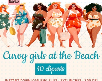 Plus Size Beach Girls Clipart: Diverse Characters PNG (Digital Download)