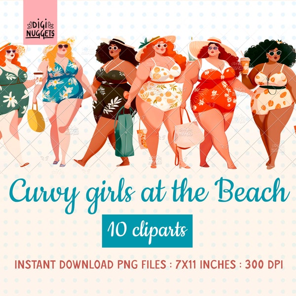 Curvy girls at the beach clipart, plus size women clipart, diverse characters,  people art, instant download, commercial use, PNG files