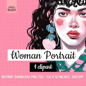 Frauen Porträt Clipart, schwarze lockige Haare Frau Clip Art, 80er Jahre Pop-Stil Menschen Kunst, Mode-Illustration, kommerzielle Nutzung, PNG Download