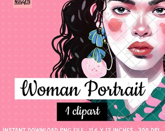 80s Pop Art Woman Portrait Clipart: Black Curly Hair (PNG Download)