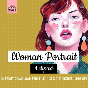 Woman portrait clipart, brown hair woman avatar, 80&#39;s style people clipart, fashion illustration, commercial use, woman&#39;s face, PNG download