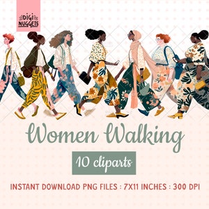 歩く女性のクリップアート、ファッションガールのクリップアート、多様なキャラクター、都会的なスタイル、人物アート、即時ダウンロード、商用利用、PNG ファイル