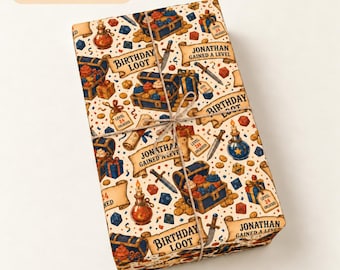 Personalized Gamer Birthday Wrapping Paper, Custom Name, Tabletop RPG Dice and Treasure Chests, Fantasy Dice