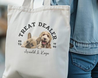 Certified Treat Dealer Tote Bag, Personalized photo Mom Gift, Custom Pet Portrait tote bag, Funny Dog Lover Canvas Bag, Dog Mom Gift