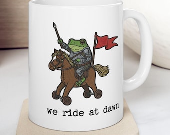 We Ride At Dawn Medieval Frog Mug, Funny Frog with Sword sweatshirt, Chaotic Animal tee, Whimsical Gamer Gift, Renaissance Side Quest tshirt