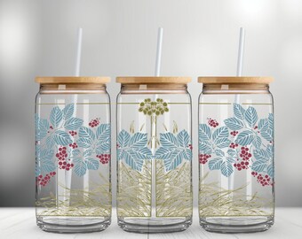 Boho Japanese Retro fall wildflowers abstract art Iced Coffee Libbey glass beer can Cup, gifts for her with Lid and Straw Aesthetic gift Cup