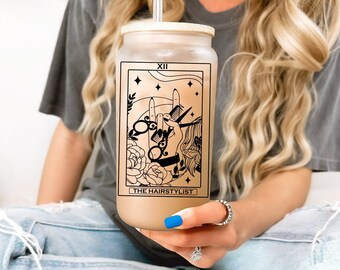 Personalised Hair Stylist Tarot Card Beer Glass with Bamboo Lid, Hair Stylist Coffee Cup, Gift for Hair Dresser, Co worker Christmas gifts