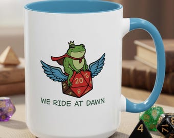 Humorous We Ride at Dawn D20 DnD Coffee Mug, Nerdy Dice Bestie Cup, Funny Dungeon and Dragons DM Gift, Chaotic Animal Whimsical Gamer Gift