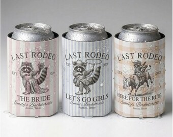Raccoon Western Bachelorette Can Coolers, Last Rodeo Personalized Can Sleeves, Nashville Birthday, Country Bach, Austin Bridal Party Favors