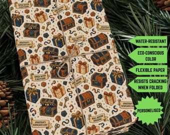 Personalized Fantasy Wrapping Paper, Gamer Tabletop RPG Dice gifts, Funny mimic Monster, Custom Name & Age,  Treasure Chests, Fantasy Dice