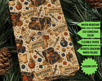 Personalized Gamer Birthday Wrapping Paper, Custom Name, Tabletop RPG Dice and Treasure Chests, Fantasy Dice