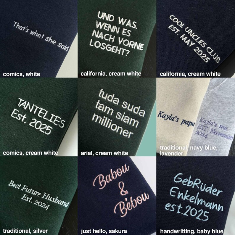 Pode incluir: Uma grade de nove amostras de tecido com v&aacute;rios estilos e cores de bordado personalizado. O texto inclui frases como That's what she said, UND WAS, WENN ES NACH VORNE LOSGEHT?, COOL UNCLES CLUB EST. MAY 2025, TANTELIES Est. 2025, tuda suda tam siam millioner, Kayla's papa, Kayla's ma EST. NOVEMBER 2024, Best Future Husband Est. 2024, Babou & B&eacute;bou, e GeBr&uuml;der Enkelmann est. 2025.