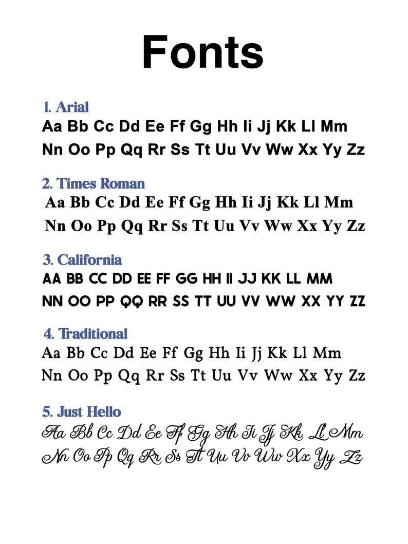 Pode incluir: Um documento a preto e branco intitulado Fonts, listando cinco tipos de letra distintos: Arial, Times Roman, California, Traditional e Just Hello. Cada entrada exibe o alfabeto completo em letras mai&uacute;sculas e min&uacute;sculas.