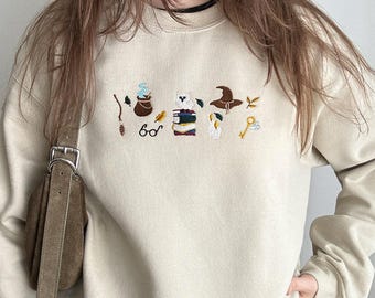 Magic Books Embroidered Sweatshirt, Wizard Hoodie, Bookish Crewneck, Cozy Reading Shirt, Christmas Gift for Her