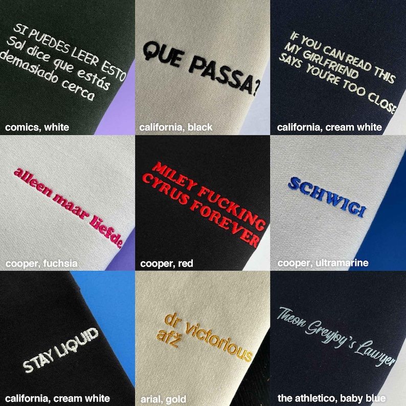 Pode incluir: Uma grade de nove amostras de tecido com v&aacute;rios designs de texto bordado. As cores incluem tecido preto, creme, branco e cinza com bordados em fios de cores branca, preta, creme, f&uacute;csia, vermelha, azul, dourada e azul clara.