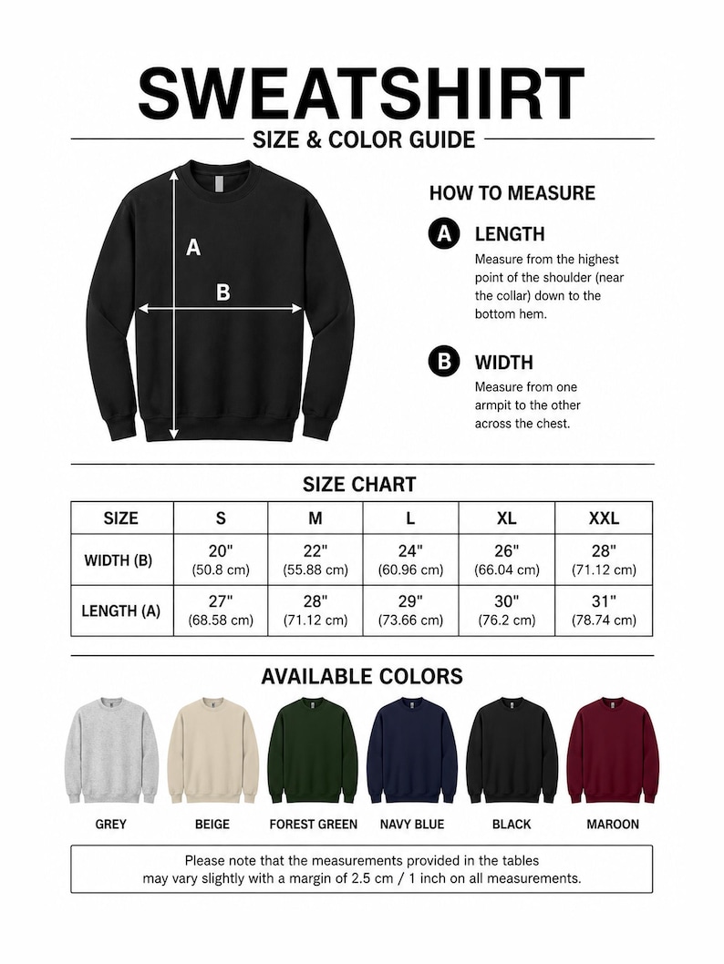Peut inclure: Un guide des tailles et des couleurs pour sweat-shirt noir. Il comprend un sch&eacute;ma montrant comment mesurer la longueur et la largeur, un tableau des tailles en cm de S &agrave; XXL, et une rang&eacute;e de couleurs disponibles : gris, beige, vert for&ecirc;t, bleu marine, noir et bordeaux.