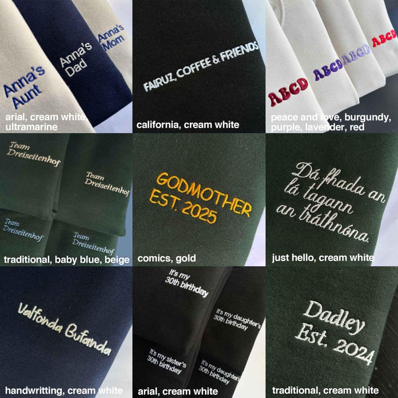 Pode incluir: Uma cole&ccedil;&atilde;o de amostras de tecido com v&aacute;rios estilos de bordado personalizados, fontes e cores de linha, incluindo branco creme, ultramarino, ouro, bord&ocirc;, roxo e lavanda. O texto inclui nomes, datas e frases como GODMOTHER EST. 2025.