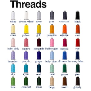May include: A color chart titled Threads displaying thirty-six spools of embroidery thread arranged in a grid. Each spool is labeled with its corresponding color name, including white, silver, black, yellow, red, blue, green, and brown shades.