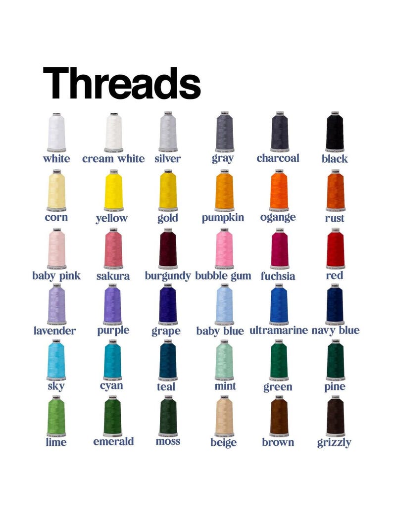 May include: A color chart titled Threads displaying thirty-six spools of embroidery thread arranged in a grid. Each spool is labeled with its corresponding color name, including white, silver, black, yellow, red, blue, green, and brown shades.
