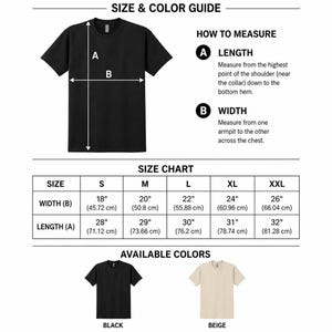K&ouml;nnte beinhalten: Ein T-Shirt-Gr&ouml;&szlig;en- und Farbleitfaden mit einem schwarzen T-Shirt und L&auml;ngen- sowie Breitenmessanzeigen. Er enth&auml;lt eine Gr&ouml;&szlig;entabelle mit Ma&szlig;en in cm von S bis XXL und zeigt zwei verf&uuml;gbare T-Shirt-Farben: Schwarz und Beige.