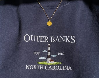 Outer Banks Lighthouse Embroidered Sweatshirt – North Carolina Hoodie or T-Shirt, Coastal Travel Gift, Fall Outdoor Adventure Clothing