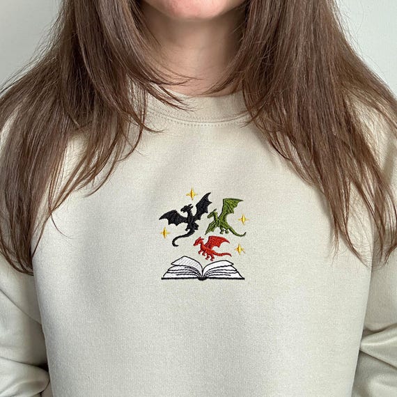 Book Dragon Embroidered Sweatshirt, Fantasy Hoodie, Romantasy Shirt, Reading Dragon Crewneck, Cozy Bookish Gift, Dragon Wing