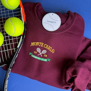 モンテカルロヴィンテージスウェットシャツ、刺繍入りテニスクルーネック、モナコセーター