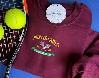 Monte Carlo Country Club Sweatshirt, Vintage Tennis Embroidered Hoodie & T-Shirt, Preppy Aesthetic Sportswear