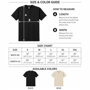 Pode incluir: Um guia de tamanhos e cores de t-shirt com uma t-shirt preta e indicadores de medi&ccedil;&atilde;o de comprimento e largura. Inclui uma tabela de tamanhos em cm de S a XXL e apresenta duas cores de t-shirt dispon&iacute;veis: preto e bege.